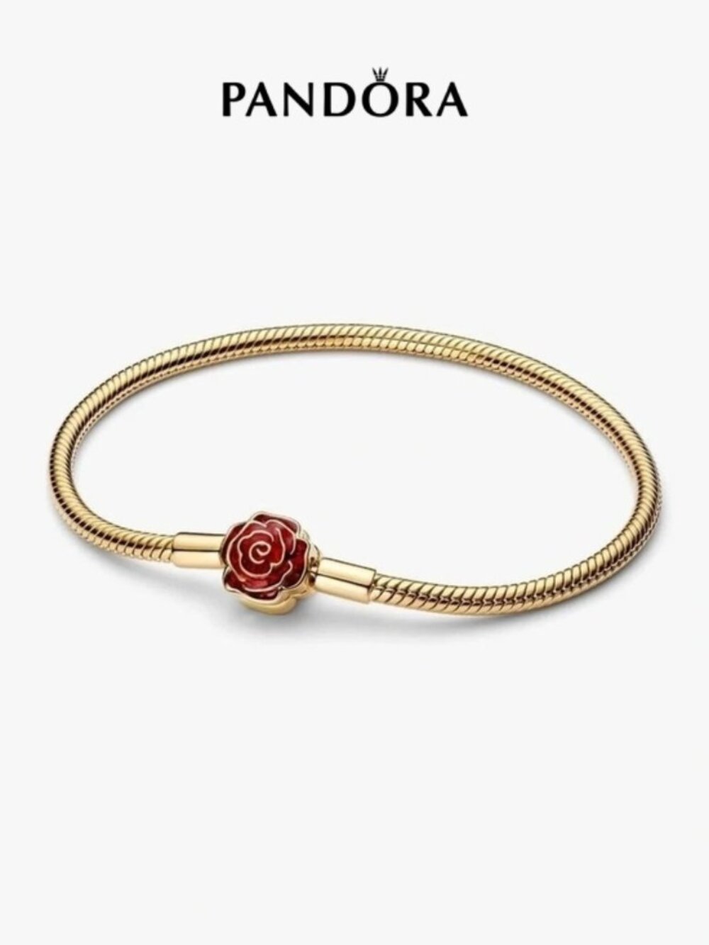 Pandora Gold Tone Bracelet with Red Rose Clasp